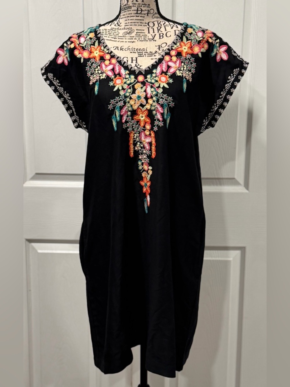 Black Embroidered V-Neck Midi Dress with Colorful Floral Accents